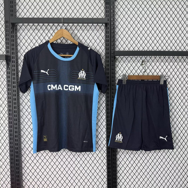Youth Uniform Kids Kit 2025-2026 Marseille Away Soccer Jersey Shorts Child Football Set