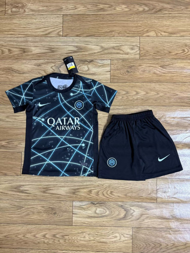 Youth Uniform Kids Kit 2025-2026 Inter Milan Black/Blue Soccer Training Jersey Shorts Child Football Set