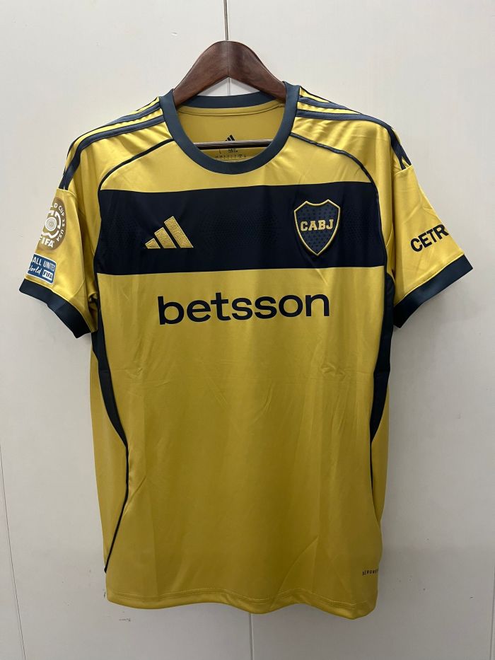 with Club World Cup Sleeve+Football Unites the World FIFA Badge Fan Version 2025-2026 Boca Juniors Away Yellow Soccer Jersey Football Shirt