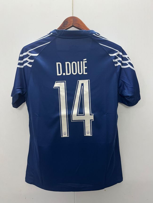 with Club World Cup Sleeve+Football Unites the World FIFA Badge Maillot PSG Fan Version 2024-2025 Paris Saint-Germain D.DOUE 14 Home Soccer Jersey
