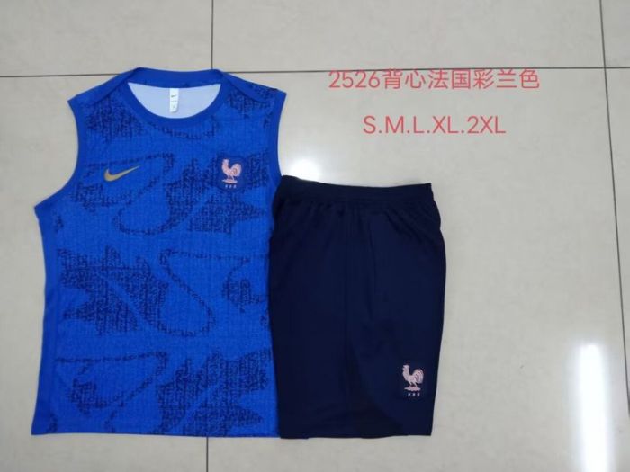 Adult Uniform 2025-2026 France Blue Soccer Training Vest and Shorts Football Set
