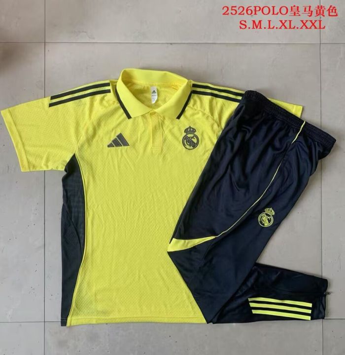 2025-2026 Real Madrid Yellow Soccer Polo and Pants Football Kit