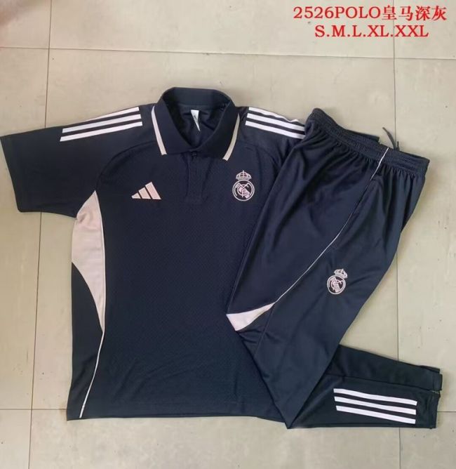2025-2026 Real Madrid Dark Grey Soccer Polo and Pants Football Kit