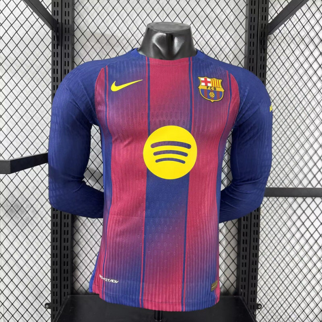 with Sponor Logo Long Sleeve Barca Camisetas de Futbol Player Version 2025-2026 Barcelona Home Soccer Jersey