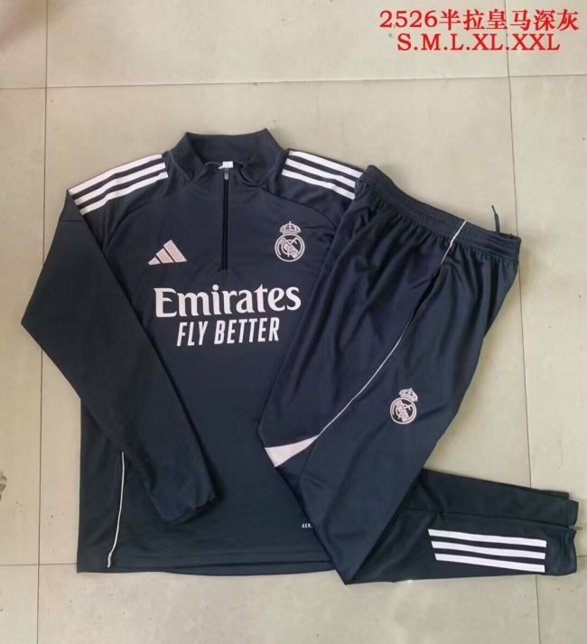 2025-2026 Real Madrid Dark Grey Soccer Training Sweater and Pants Football Kit