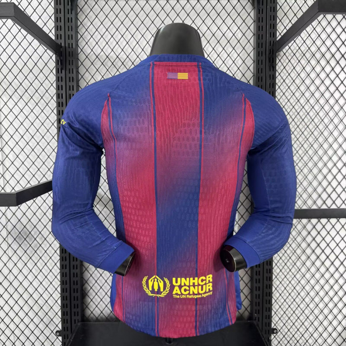 with Sponor Logo Long Sleeve Barca Camisetas de Futbol Player Version 2025-2026 Barcelona Home Soccer Jersey