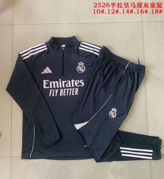 Youth 2025-2026 Real Madrid Dark Grey Soccer Training Sweater and Pants Football Kit