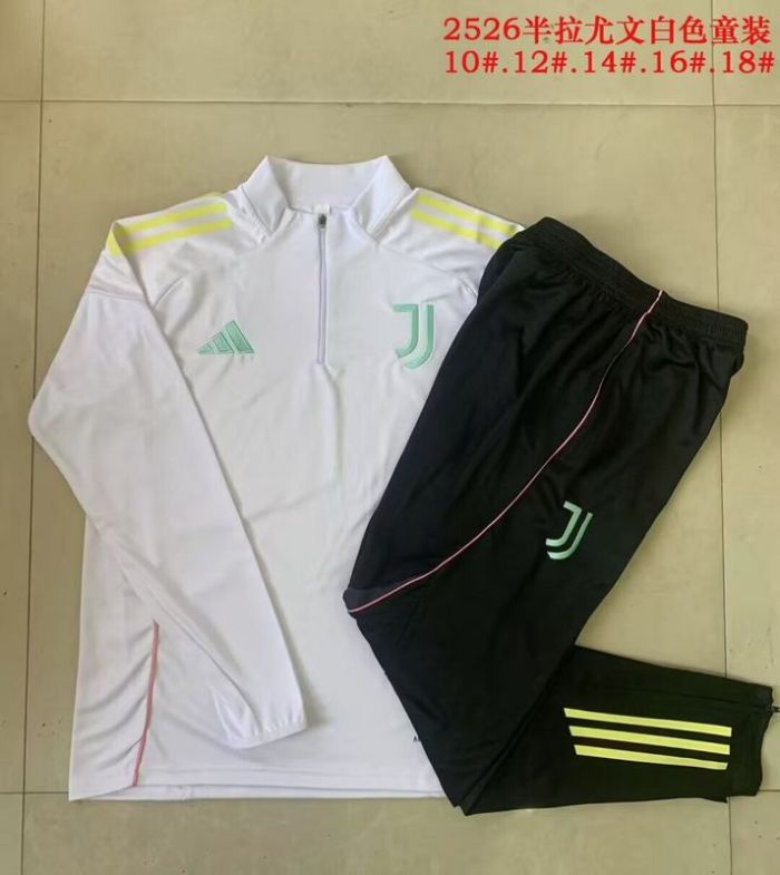 Youth 2025-2026 Juventus White Soccer Training Sweater and Pants Football Kit