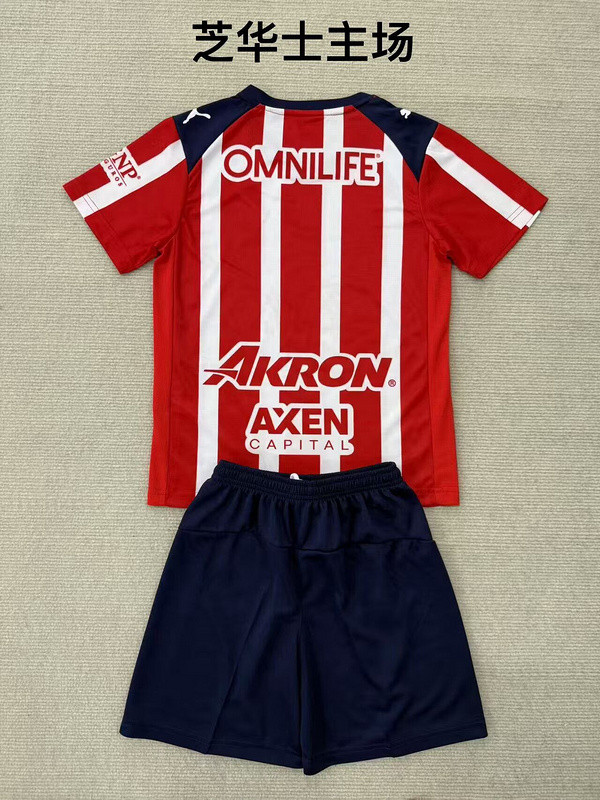 with Sleeve Sponor Logo Youth Uniform Kids Kit Chivas 2025-2026 Guadalajara Home Soccer Jersey Shorts Tapatio Child Football Set