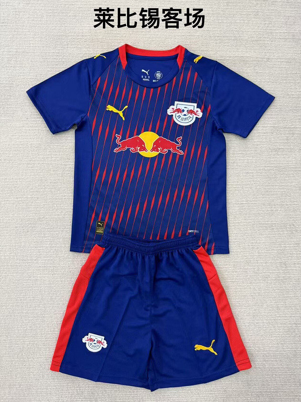 Youth Uniform Kids Kit 2025-2026 RB Leipzig Away Blue Soccer Jersey Shorts Child Football Set
