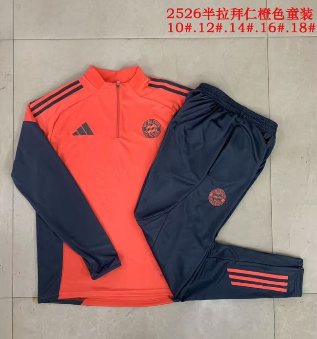 Youth 2025-2026 Bayern Munich Orange Soccer Training Sweater and Pants Football Kit