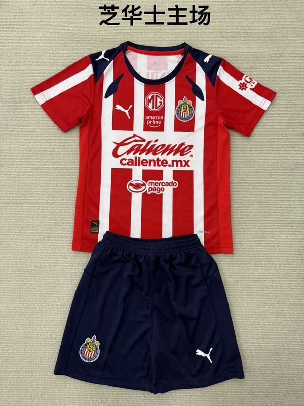 with Sleeve Sponor Logo Youth Uniform Kids Kit Chivas 2025-2026 Guadalajara Home Soccer Jersey Shorts Tapatio Child Football Set