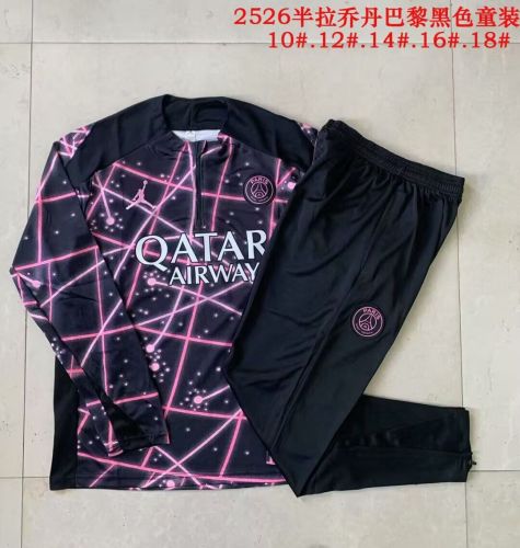 Youth 2025-2026 PSG Black/Purple Soccer Training Sweater and Pants Football Kit