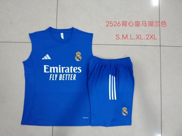 Adult Uniform 2025-2026 Real Madrid Blue Soccer Training Vest and Shorts Football Set
