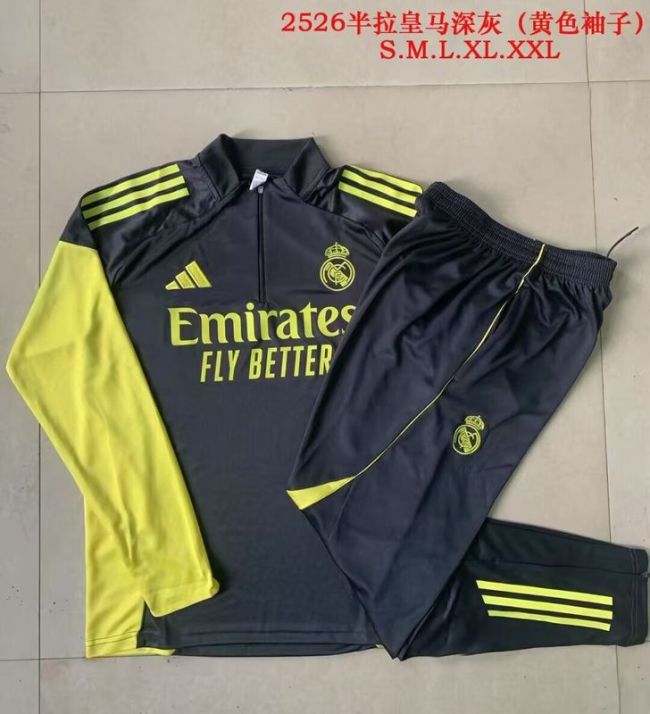 Youth 2025-2026 Real Madrid Dark Grey/Yellow Soccer Training Sweater and Pants Football Kit
