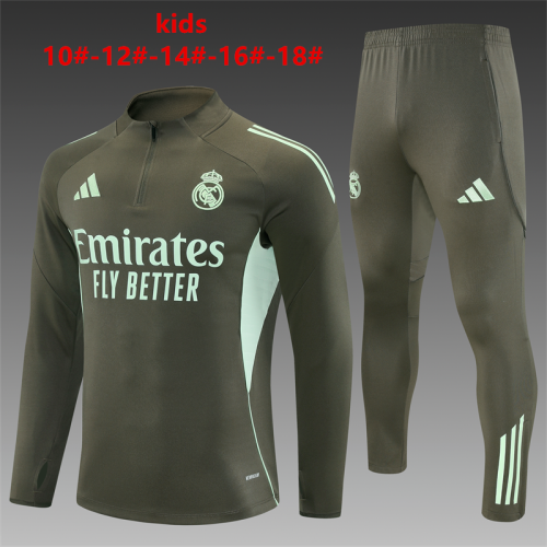 Youth 2025-2026 Real Madrid Dark Green Soccer Training Sweater and Pants Football Kit
