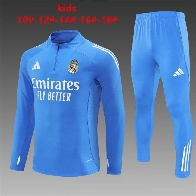 Youth 2025-2026 Real Madrid Blue Soccer Training Sweater and Pants Football Kit