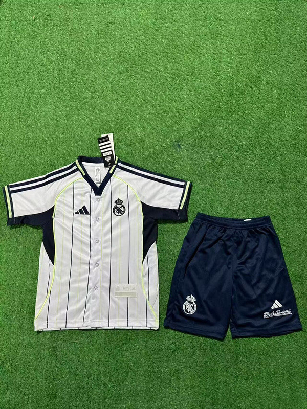 Youth Uniform Kids Kit 2025-2026 Real Madrid White MLB Jersey Baseball Shirt Shorts