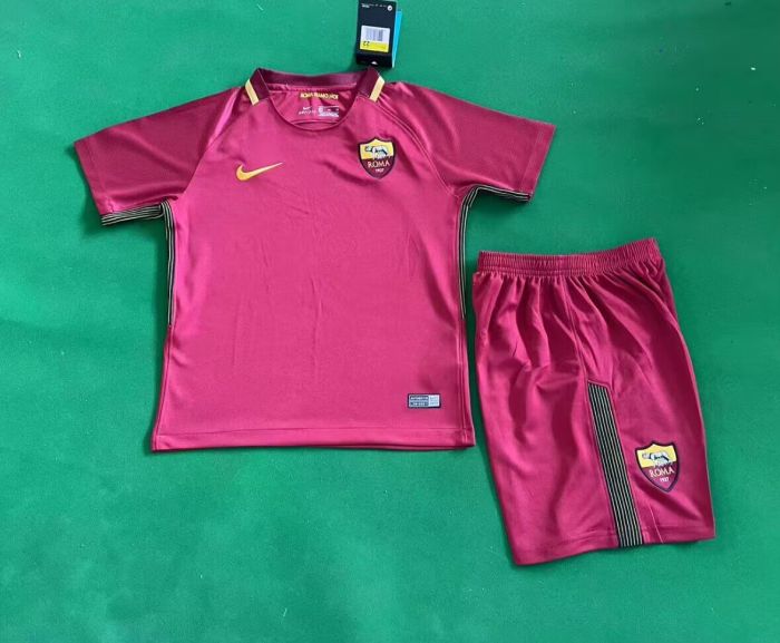 without Sponor Logo Retro Youth Uniform Kids Kit 2017-2018 As Roma Home Soccer Jersey Shorts Vintage Child Football Set