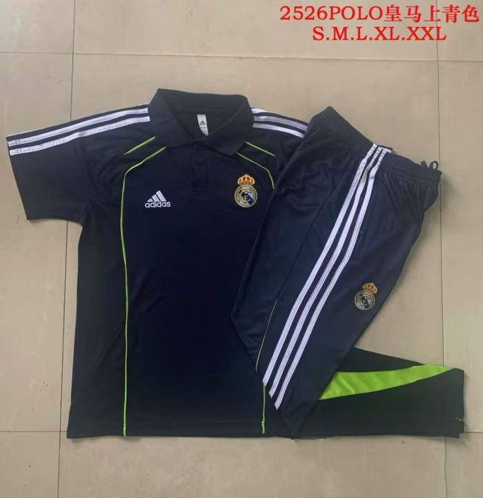 2025-2026 Real Madrid Dark Blue Soccer Polo and Pants Football Kit