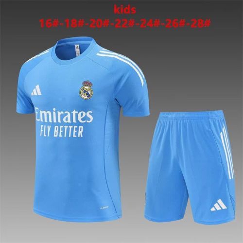 Youth Uniform Kids Kit 2025-2026 Real Madrid Blue Soccer Training Jersey Shorts Child Football Set