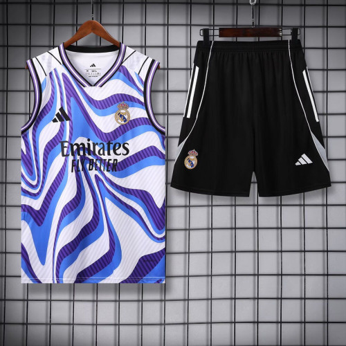 Adult Uniform 2025-2026 Real Madrid White/Purple/Blue Soccer Training Vest and Shorts Football Set