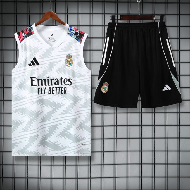 Adult Uniform 2025-2026 Real Madrid White/Grey Soccer Training Vest and Shorts Football Set