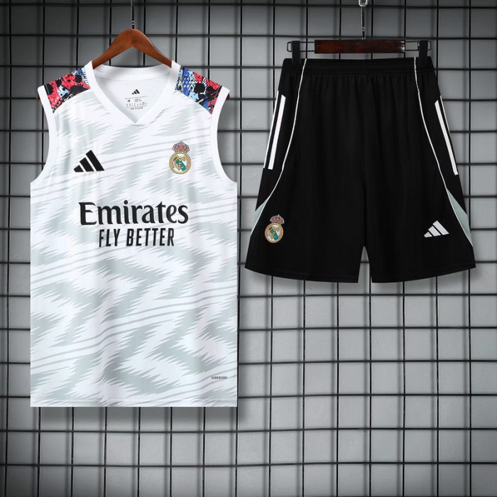 Adult Uniform 2025-2026 Real Madrid White/Grey Soccer Training Vest and Shorts Football Set