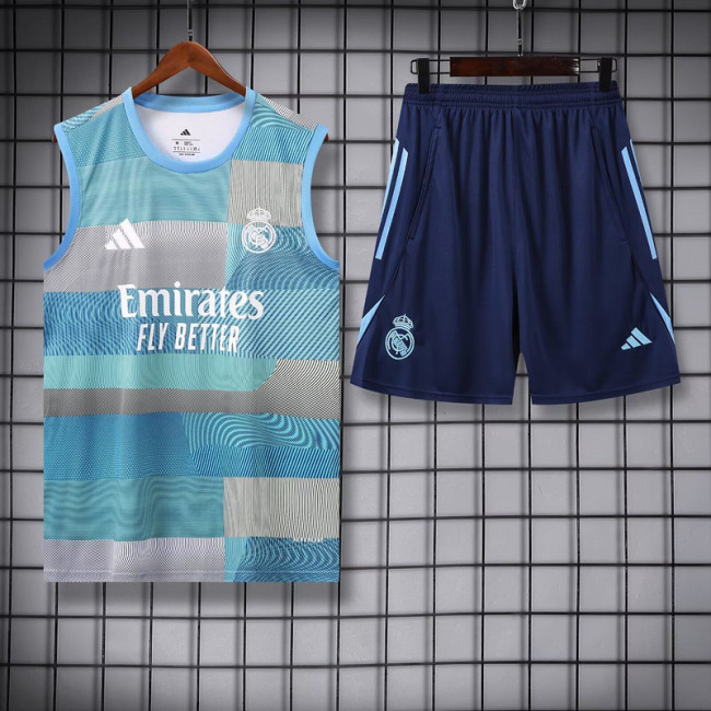Adult Uniform 2025-2026 Real Madrid Green/Blue/Grey Soccer Training Vest and Shorts Football Set