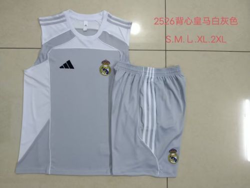 Adult Uniform 2025-2026 Real Madrid Grey/White Soccer Training Vest and Shorts Football Set