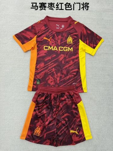 Player Version Youth Uniform Kids Kit 2025-2026 Marseille Dark Red Goalkeeper Soccer Jersey Shorts Child Football Set