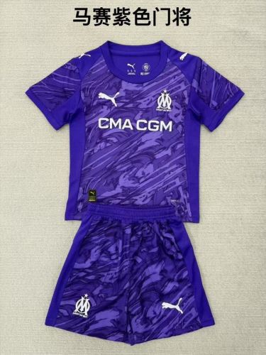 Youth Uniform Kids Kit 2025-2026 Marseille Purple Goalkeeper Soccer Jersey Shorts Child Football Set