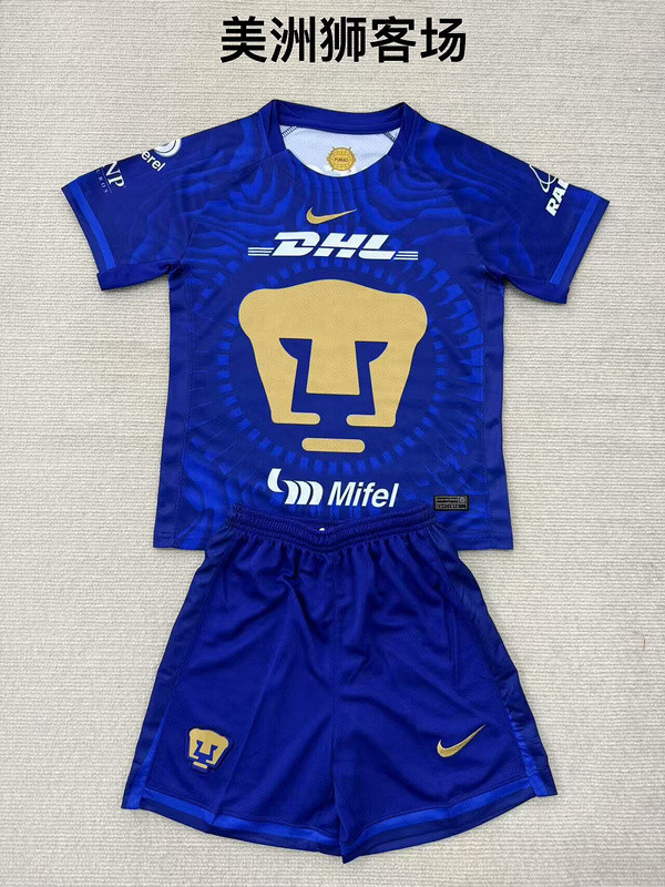 Youth Uniform Kids Kit 2025-2026 Pumas Away Blue Soccer Jersey Shorts Child Football Set