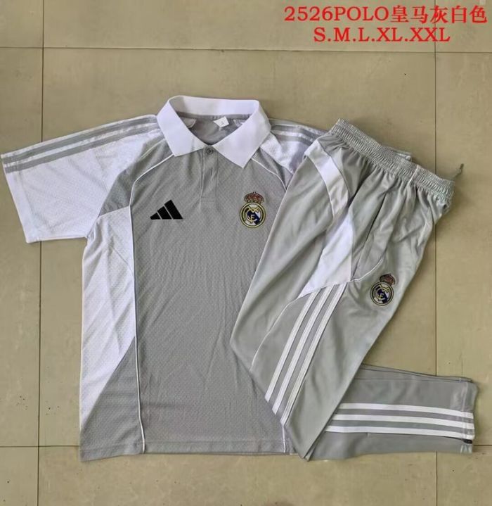 2025-2026 Real Madrid Grey/White Soccer Polo and Pants Football Kit