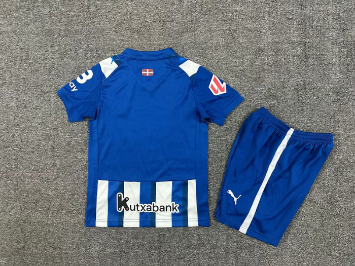 with LALIGA Patch Youth Uniform Kids Kit Deportivo Alaves 2025-2026 Home Soccer Jersey Shorts Child Football Set