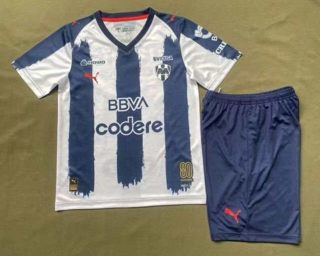 Youth Uniform Kids Kit Monterrey 2025-2026 80th Anniversary Home Soccer Jersey Shorts Child Football Set