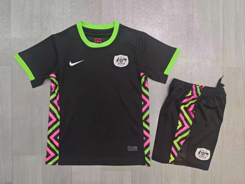 Youth Uniform Kids Kit 2025 Australia Away Black Soccer Jersey Shorts Child Football Set