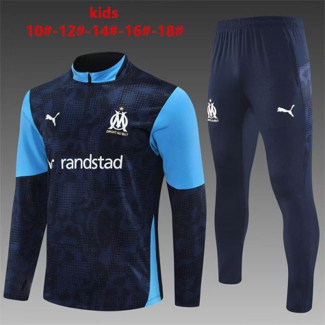 Youth 2025-2026 Marseille Dark Blue Soccer Training Sweater and Pants Football Kit