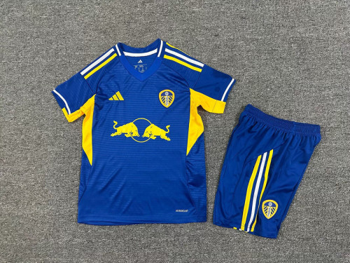 Youth Uniform Kids Kit 2025-2026 Leeds United Away Blue Soccer Jersey Shorts Child Football Set