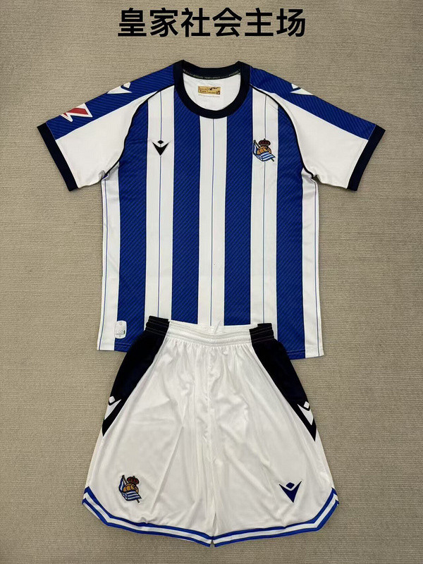 with LALIGA Patch Youth Uniform Kids Kit 2025-2026 Real Sociedad Home Soccer Jersey Shorts Child Football Set