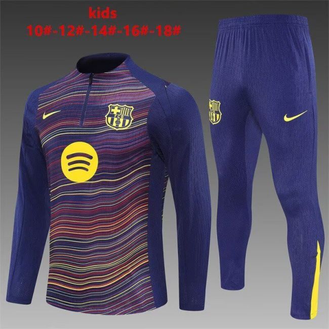 Youth 2025-2026 Barcelona Dark Blue/Yellow Soccer Training Sweater and Pants Football Kit