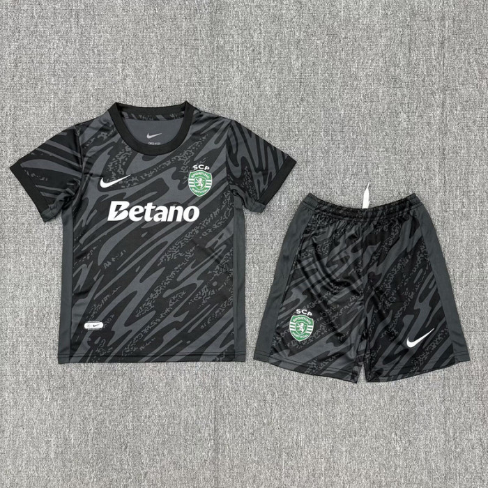 Youth Uniform Kids Kit 2025-2026 Sporting Lisbon Black Goalkeeper Soccer Jersey Shorts Child Football Set