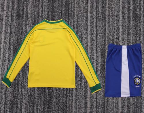 Long Sleeve Retro Youth Uniform Kids Kit 1998 Brazil Home Soccer Jersey Shorts Brasil Child Football Set