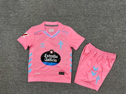 with LALIGA Patch Youth Uniform Kids Kit 2025-2026 Celta Third Away Pink Soccer Jersey Shorts Child Football Set