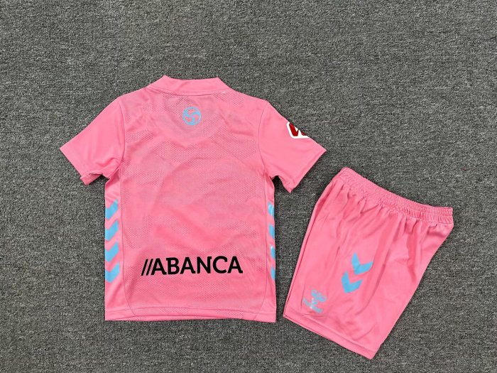 with LALIGA Patch Youth Uniform Kids Kit 2025-2026 Celta Third Away Pink Soccer Jersey Shorts Child Football Set