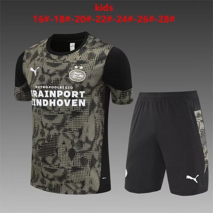 Youth Uniform Kids Kit 2025-2026 PSV Black/Grey Soccer Training Jersey Shorts Child Football Set