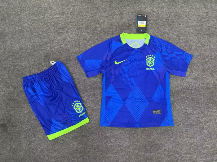 with Blue Shorts Youth Uniform Kids Kit 2025 Brazil Away Blue Soccer Jersey Shorts Child Football Set