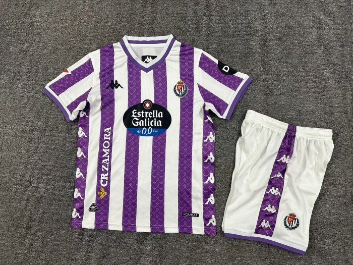 with LALIGA Patch Youth Uniform Kids Kit 2025-2026 Valladolid Home Soccer Jersey Shorts Child Football Set