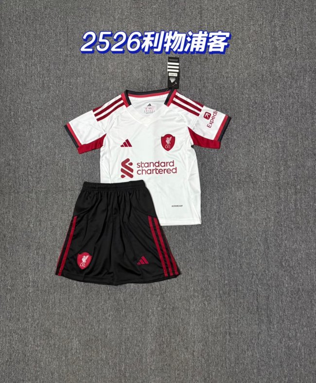 Youth Uniform Kids Kit 2025-2026 Liverpool Away White Soccer Jersey Shorts Child Football Set
