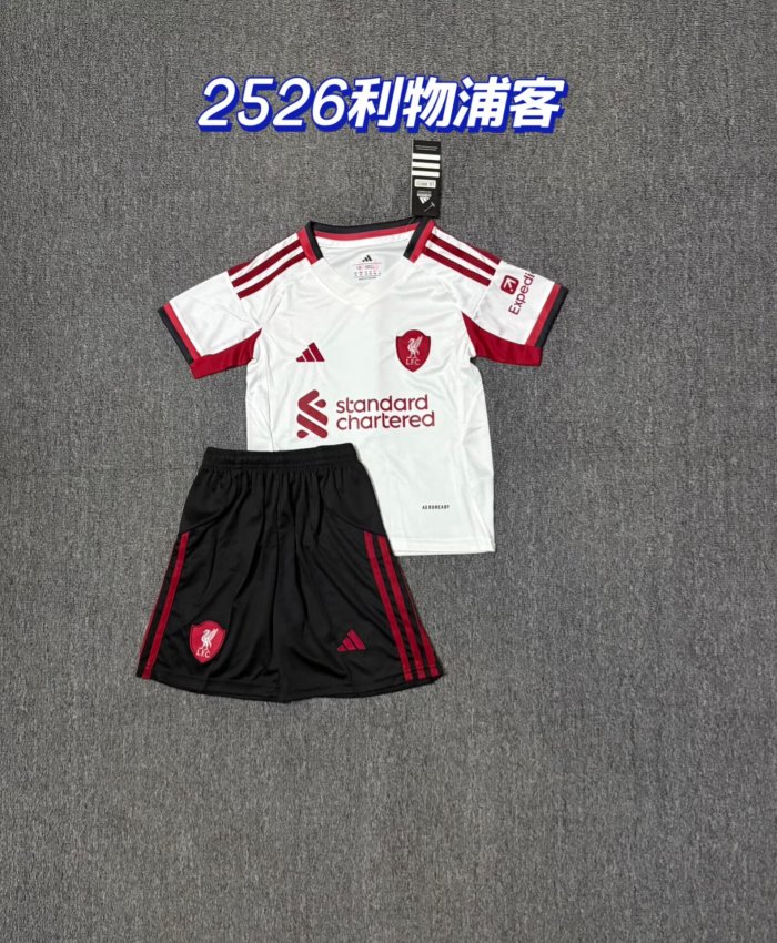 Youth Uniform Kids Kit 2025-2026 Liverpool Away White Soccer Jersey Shorts Child Football Set